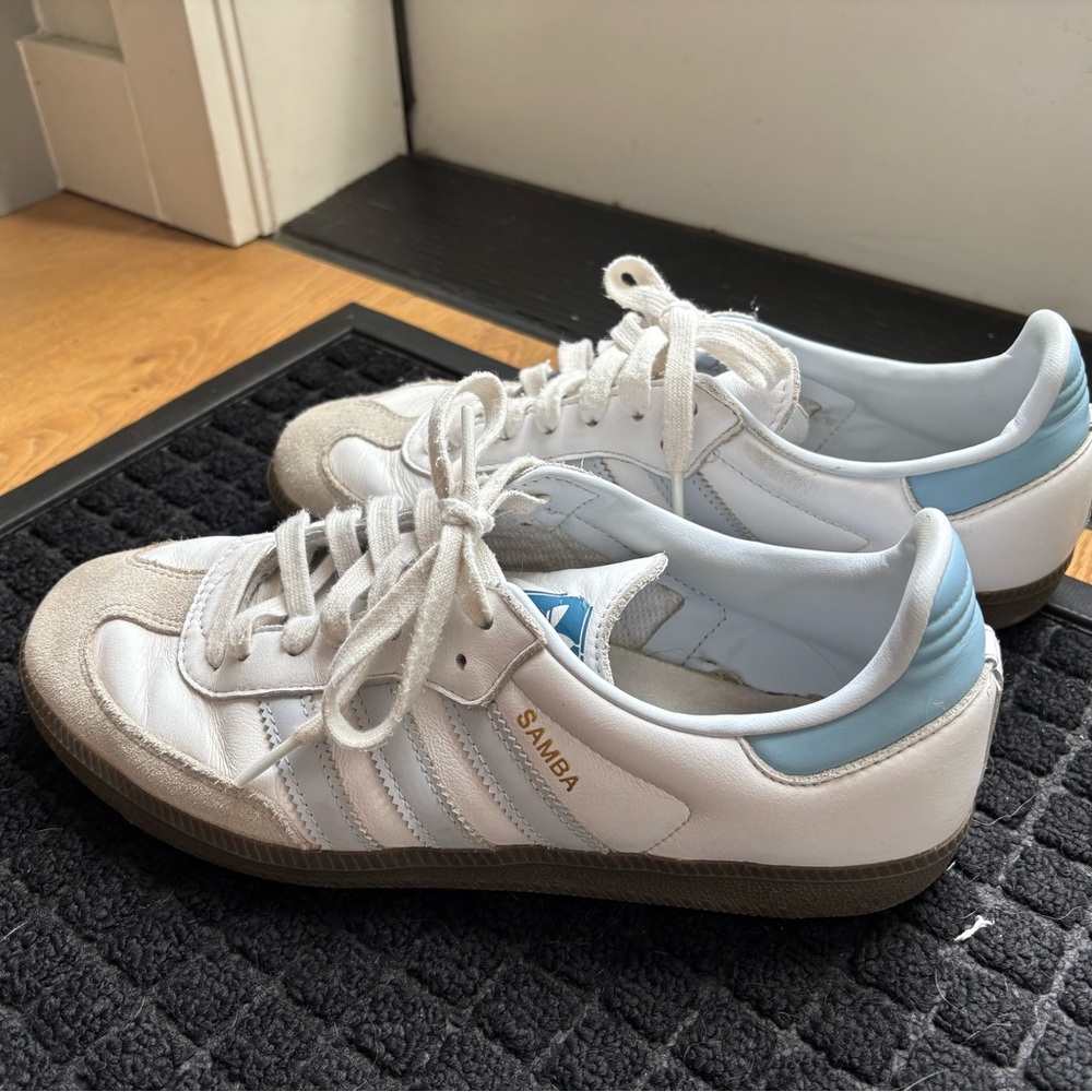 Adidas White and Baby Blue Sambas - Picture 3 of 9